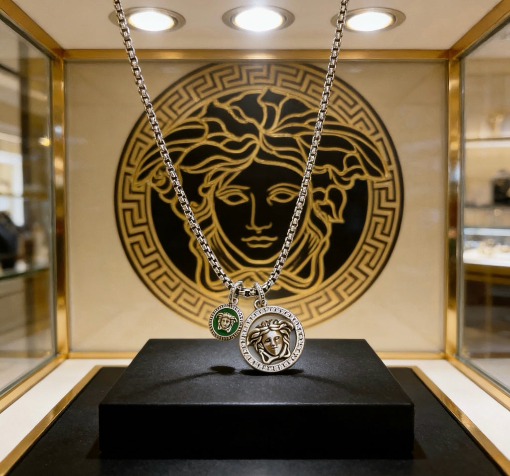 Versace Silver-Tone Medusa Head Green Enamel & Crystal Double Pendant Necklace