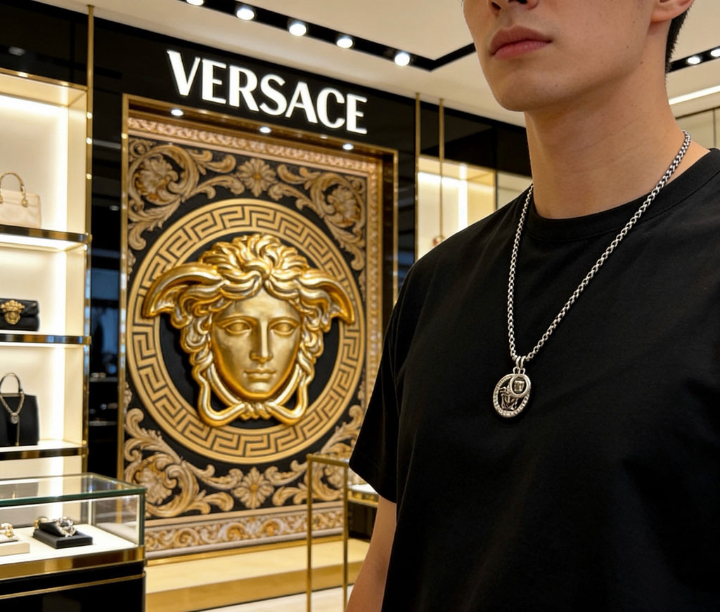 Versace Silver-Tone Medusa Head Green Enamel & Crystal Double Pendant Necklace