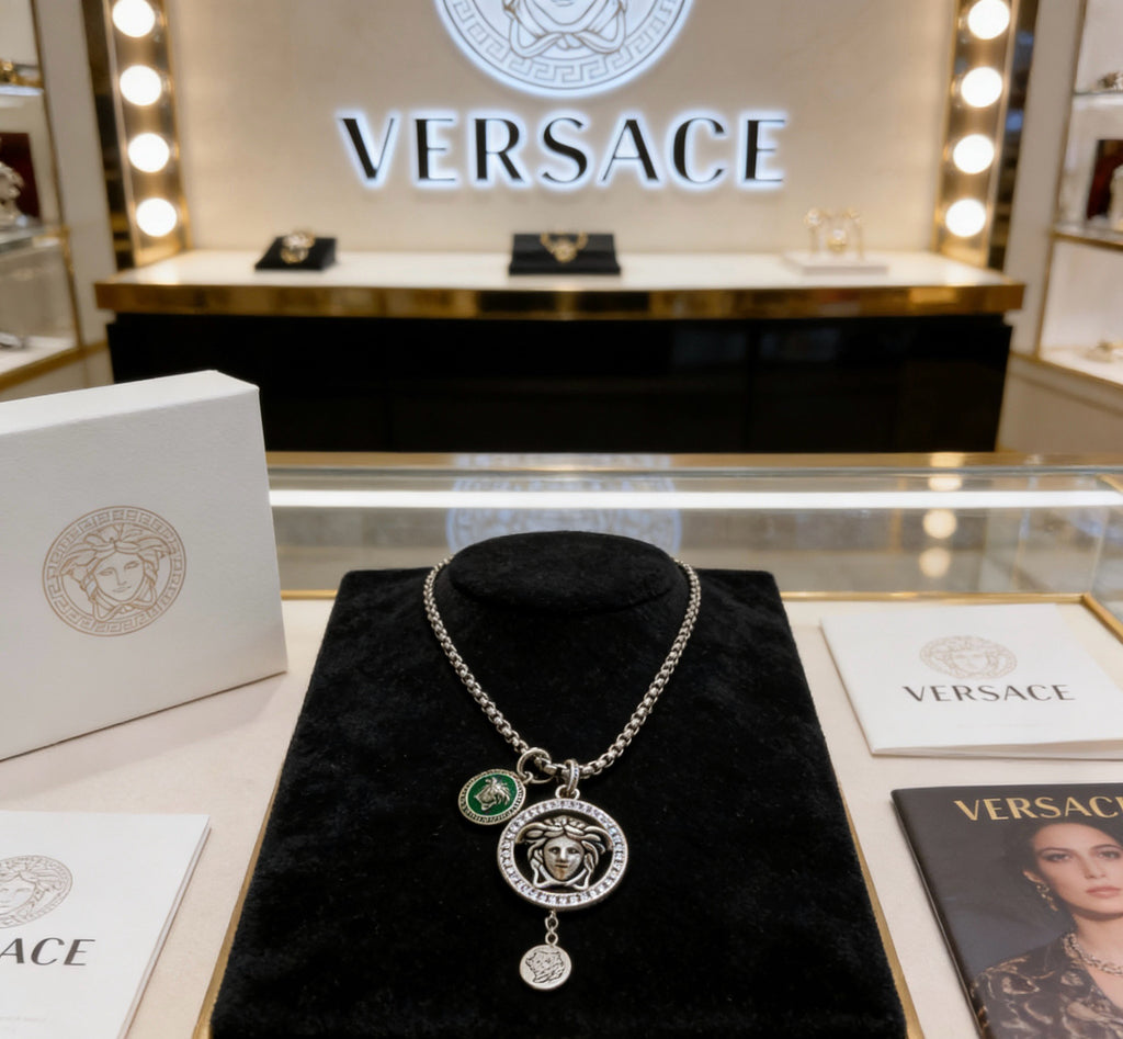 Versace Silver-Tone Medusa Head Green Enamel & Crystal Double Pendant Necklace