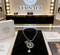 Versace Silver-Tone Medusa Head Green Enamel & Crystal Double Pendant Necklace