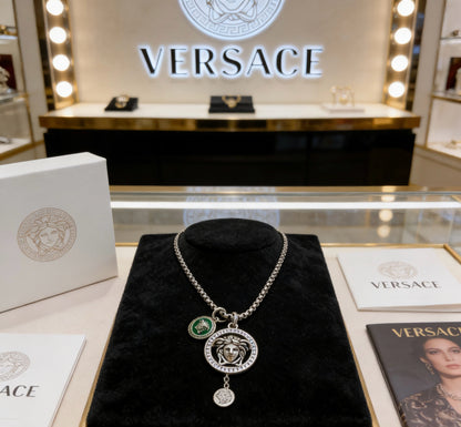 Versace Silver-Tone Medusa Head Green Enamel & Crystal Double Pendant Necklace