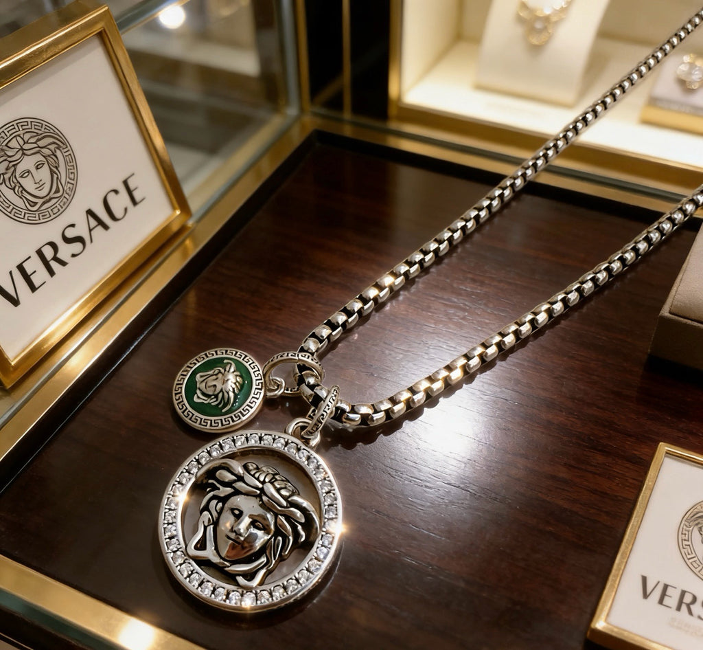 Versace Silver-Tone Medusa Head Green Enamel & Crystal Double Pendant Necklace