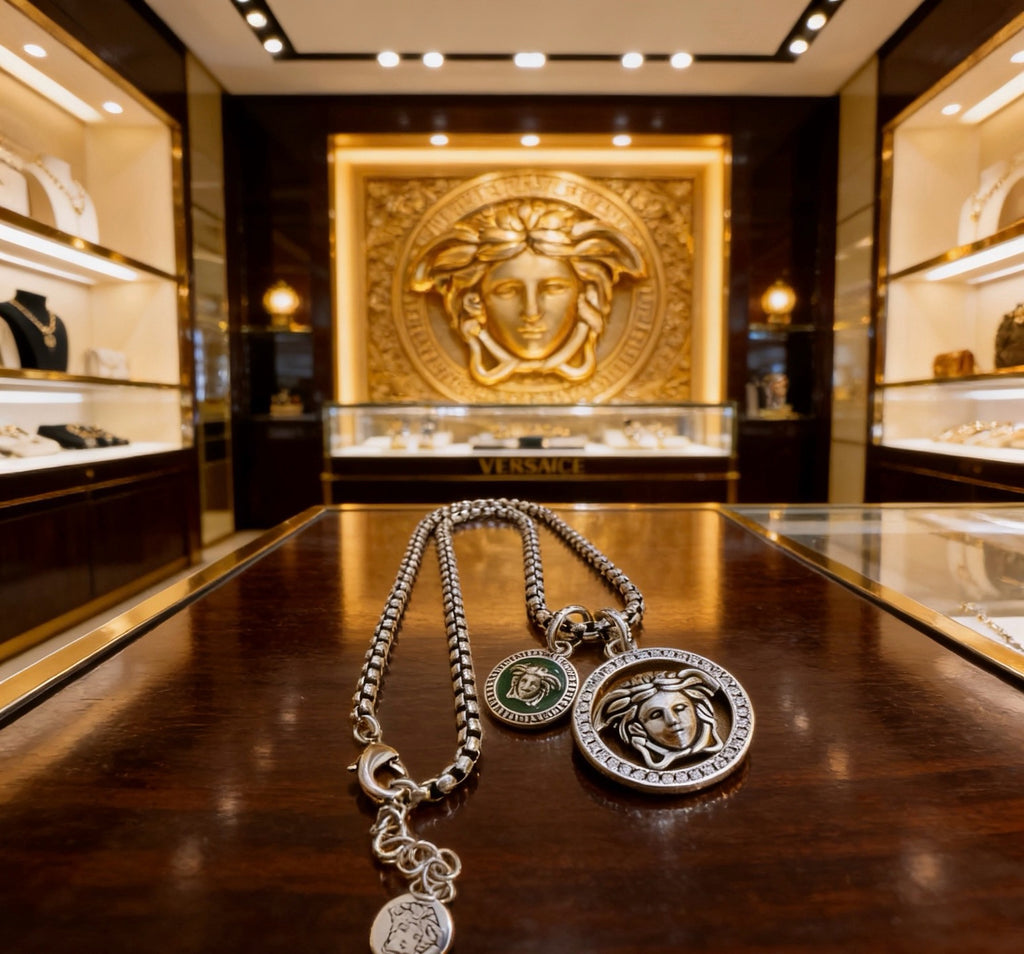 Versace Silver-Tone Medusa Head Green Enamel & Crystal Double Pendant Necklace