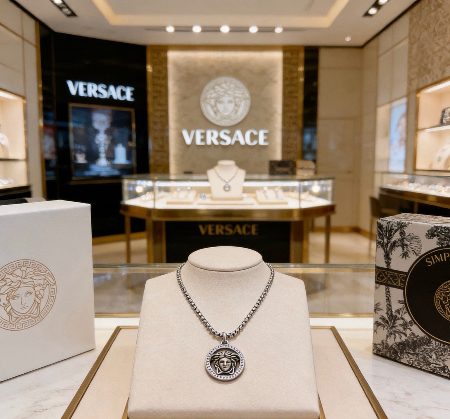 Versace Silver-Tone Medusa Head Green Enamel & Crystal Double Pendant Necklace