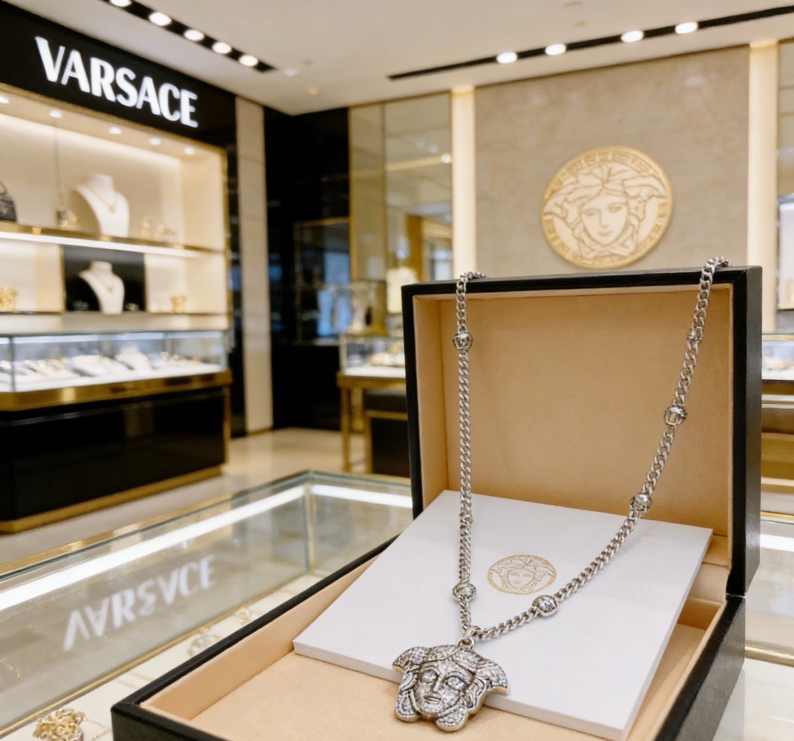 Versace Silver-Tone Oversized Medusa Head Full Crystal-Paved Curb Chain Necklace