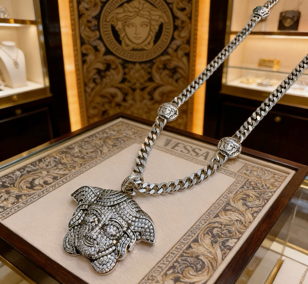 Versace Silver-Tone Oversized Medusa Head Full Crystal-Paved Curb Chain Necklace
