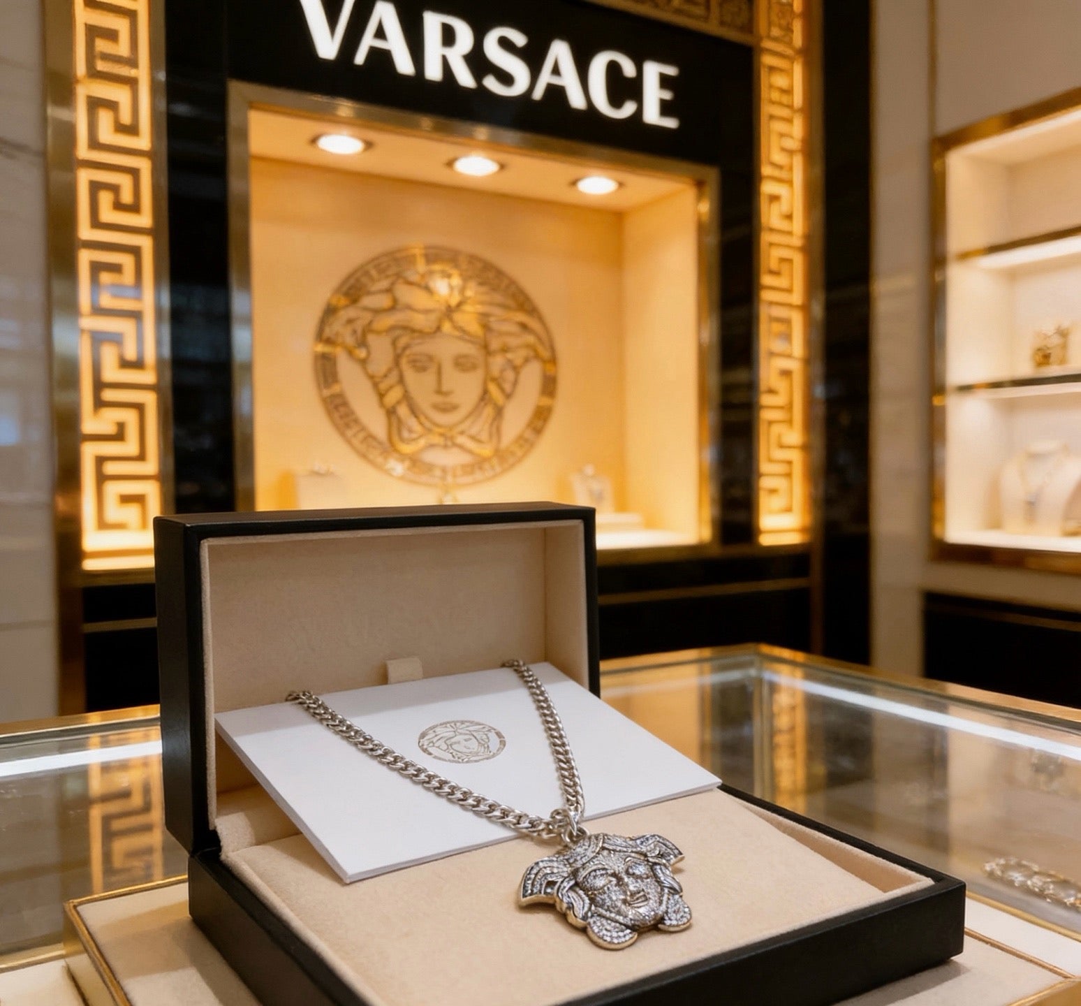 Versace Silver-Tone Oversized Medusa Head Full Crystal-Paved Curb Chain Necklace