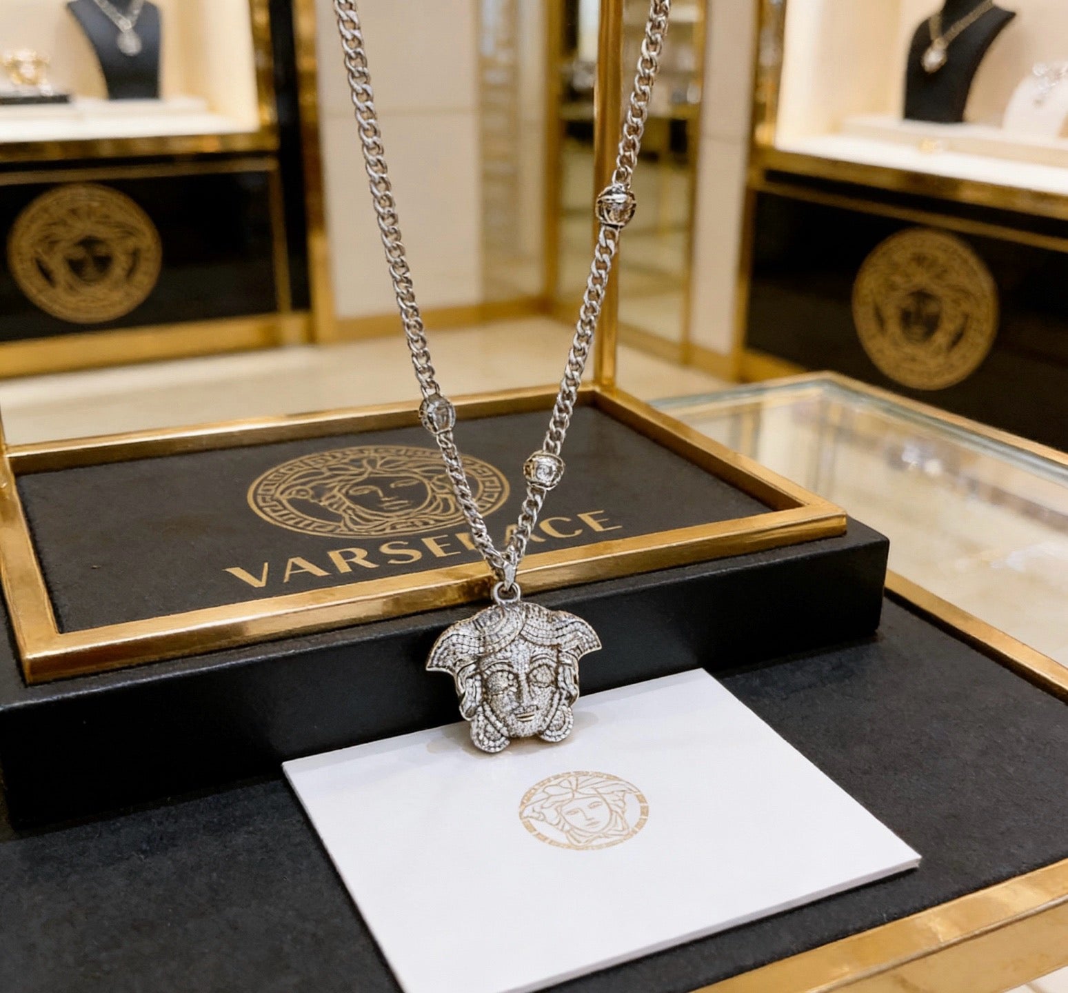 Versace Silver-Tone Oversized Medusa Head Full Crystal-Paved Curb Chain Necklace