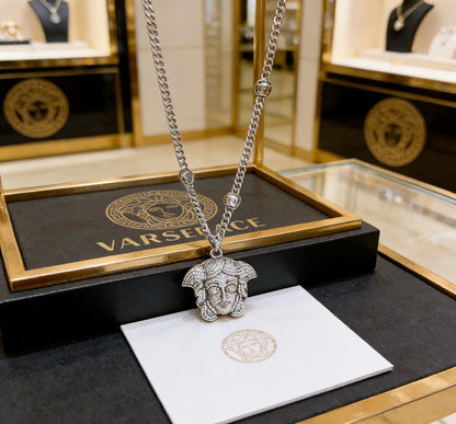 Versace Silver-Tone Oversized Medusa Head Full Crystal-Paved Curb Chain Necklace