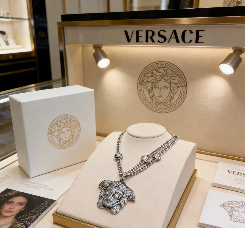 Versace Silver-Tone Oversized Medusa Head Full Crystal-Paved Curb Chain Necklace