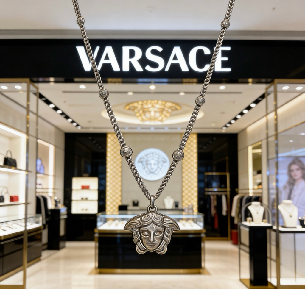 Versace Silver-Tone Oversized Medusa Head Full Crystal-Paved Curb Chain Necklace