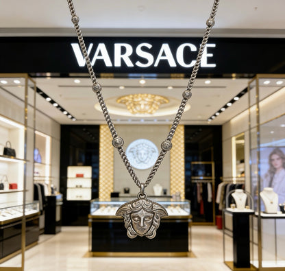 Versace Silver-Tone Oversized Medusa Head Full Crystal-Paved Curb Chain Necklace