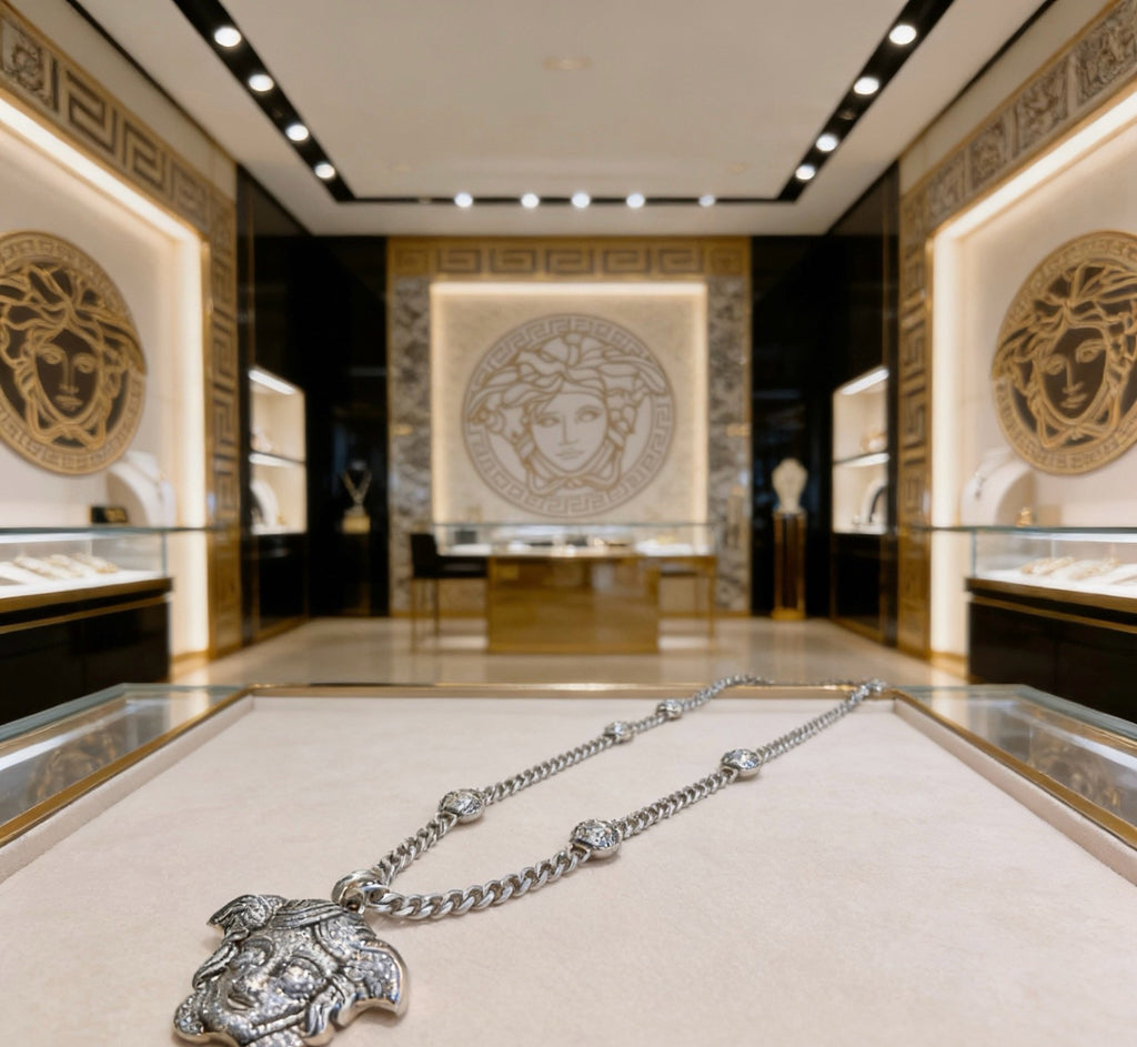 Versace Silver-Tone Oversized Medusa Head Full Crystal-Paved Curb Chain Necklace