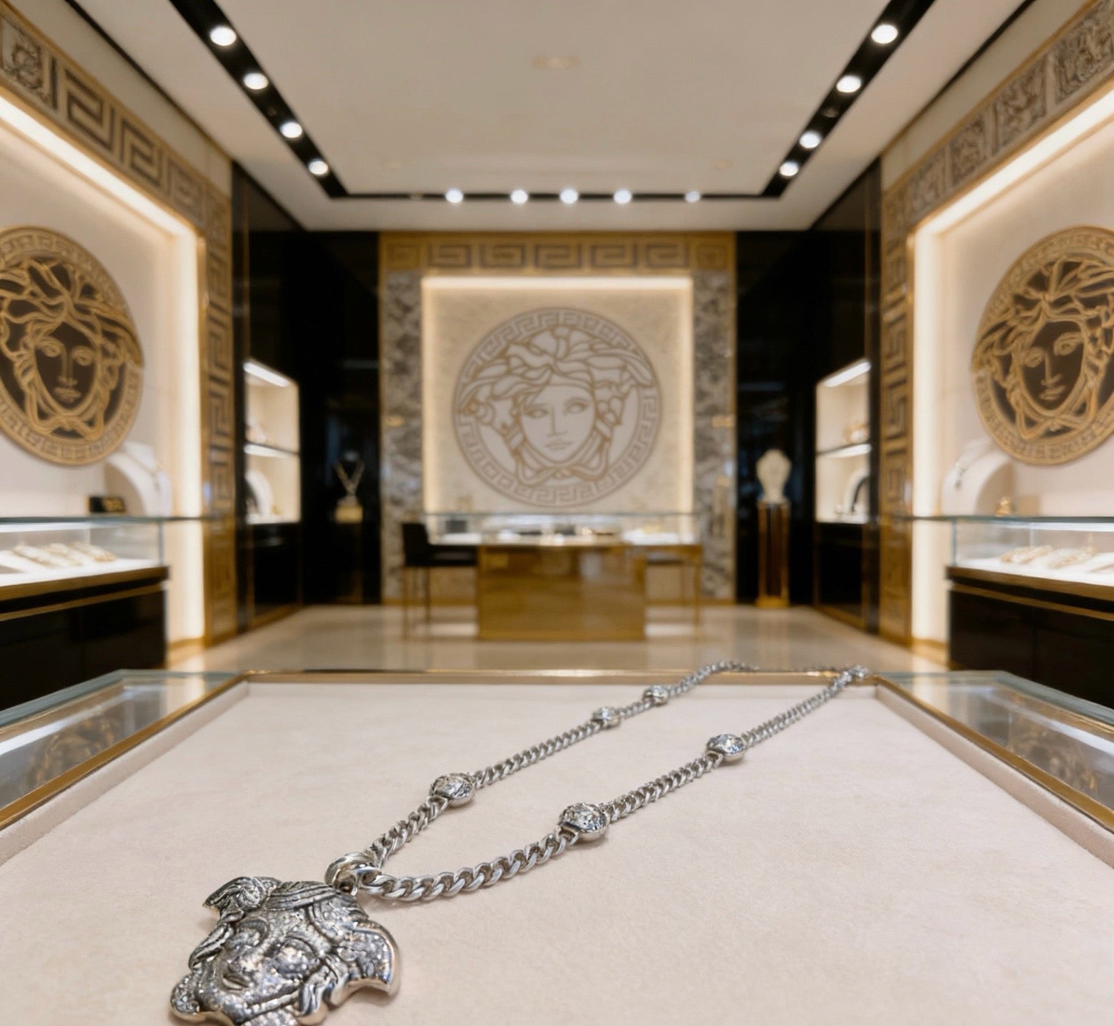 Versace Silver-Tone Oversized Medusa Head Full Crystal-Paved Curb Chain Necklace