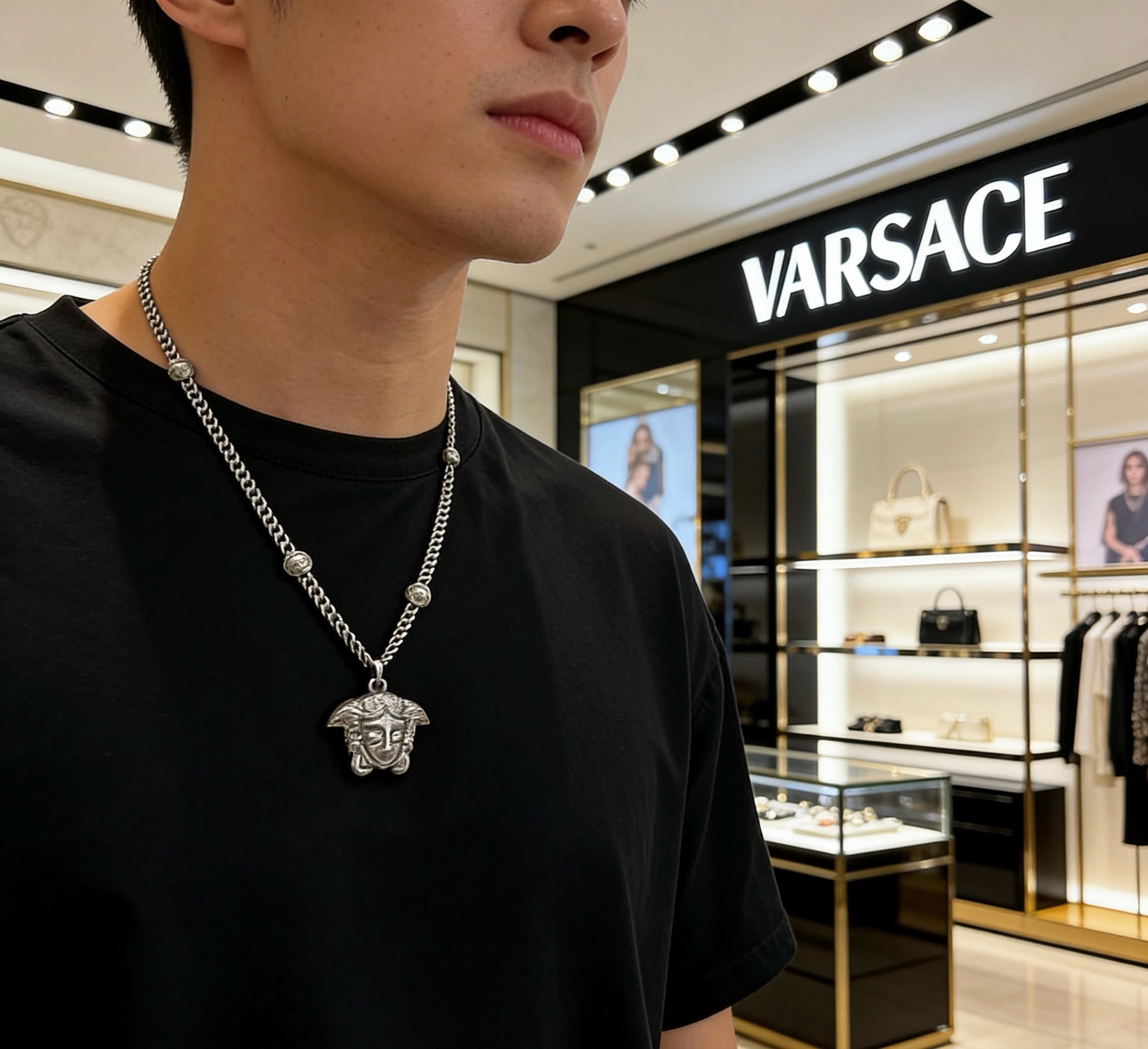Versace Silver-Tone Oversized Medusa Head Full Crystal-Paved Curb Chain Necklace