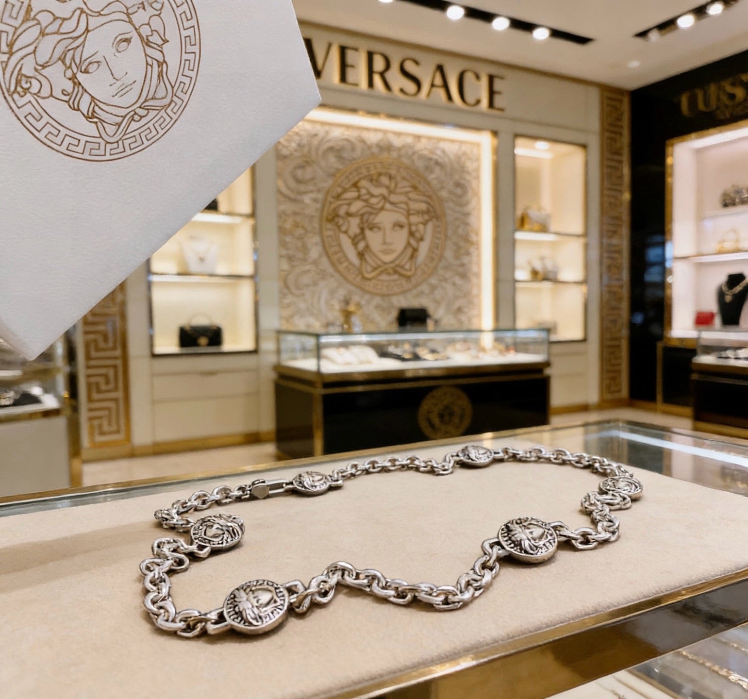 Versace Silver-Tone Antique Medusa Medallion Multi-Badge Long Link Chain Necklace