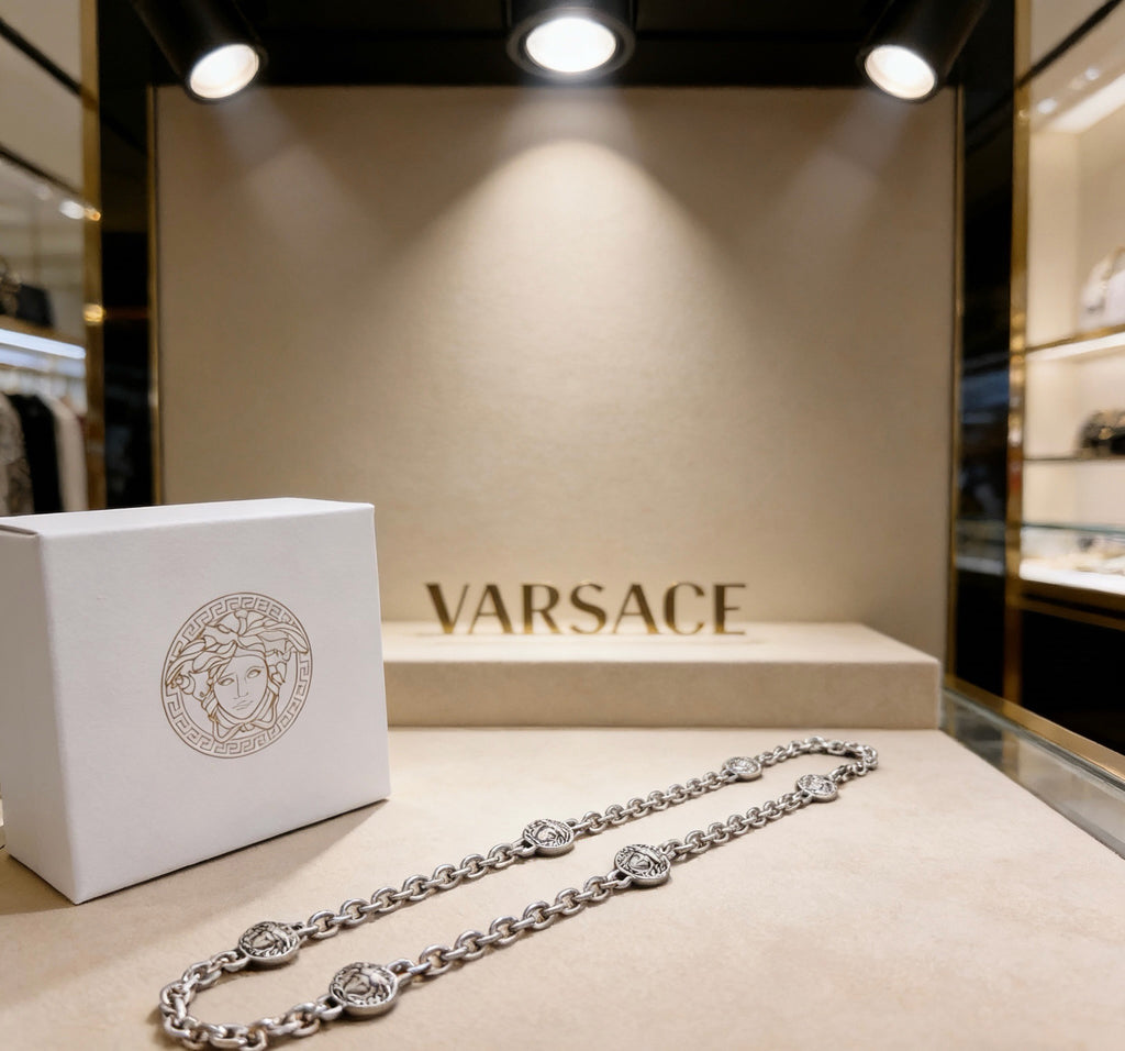 Versace Silver-Tone Antique Medusa Medallion Multi-Badge Long Link Chain Necklace