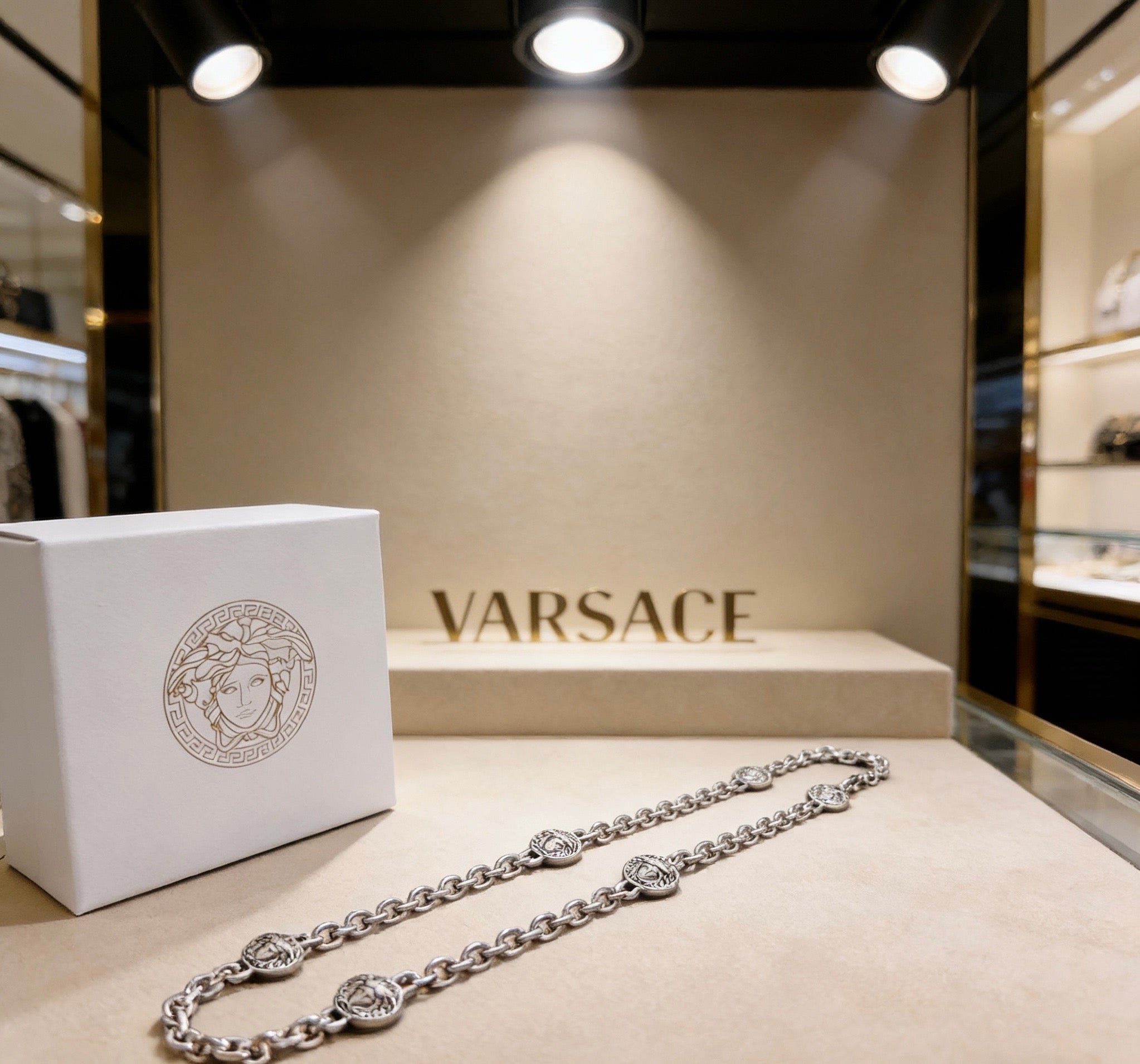Versace Silver-Tone Antique Medusa Medallion Multi-Badge Long Link Chain Necklace