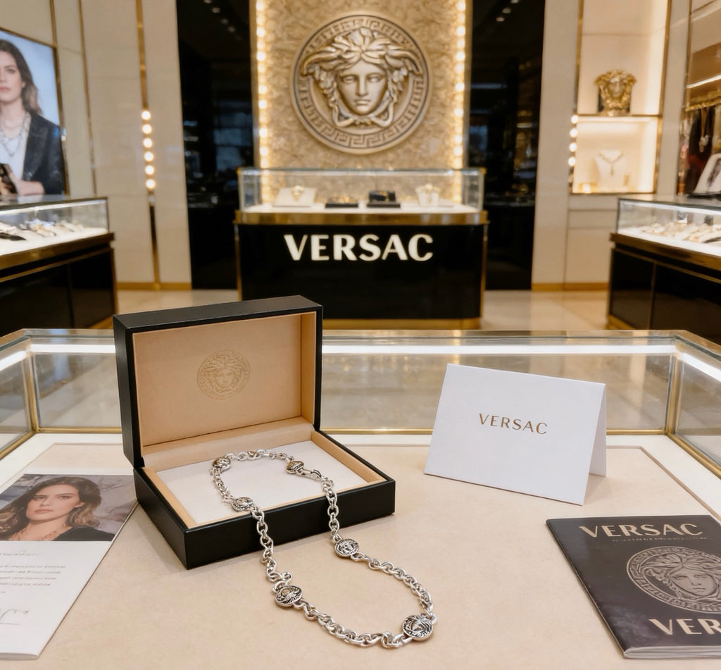 Versace Silver-Tone Antique Medusa Medallion Multi-Badge Long Link Chain Necklace