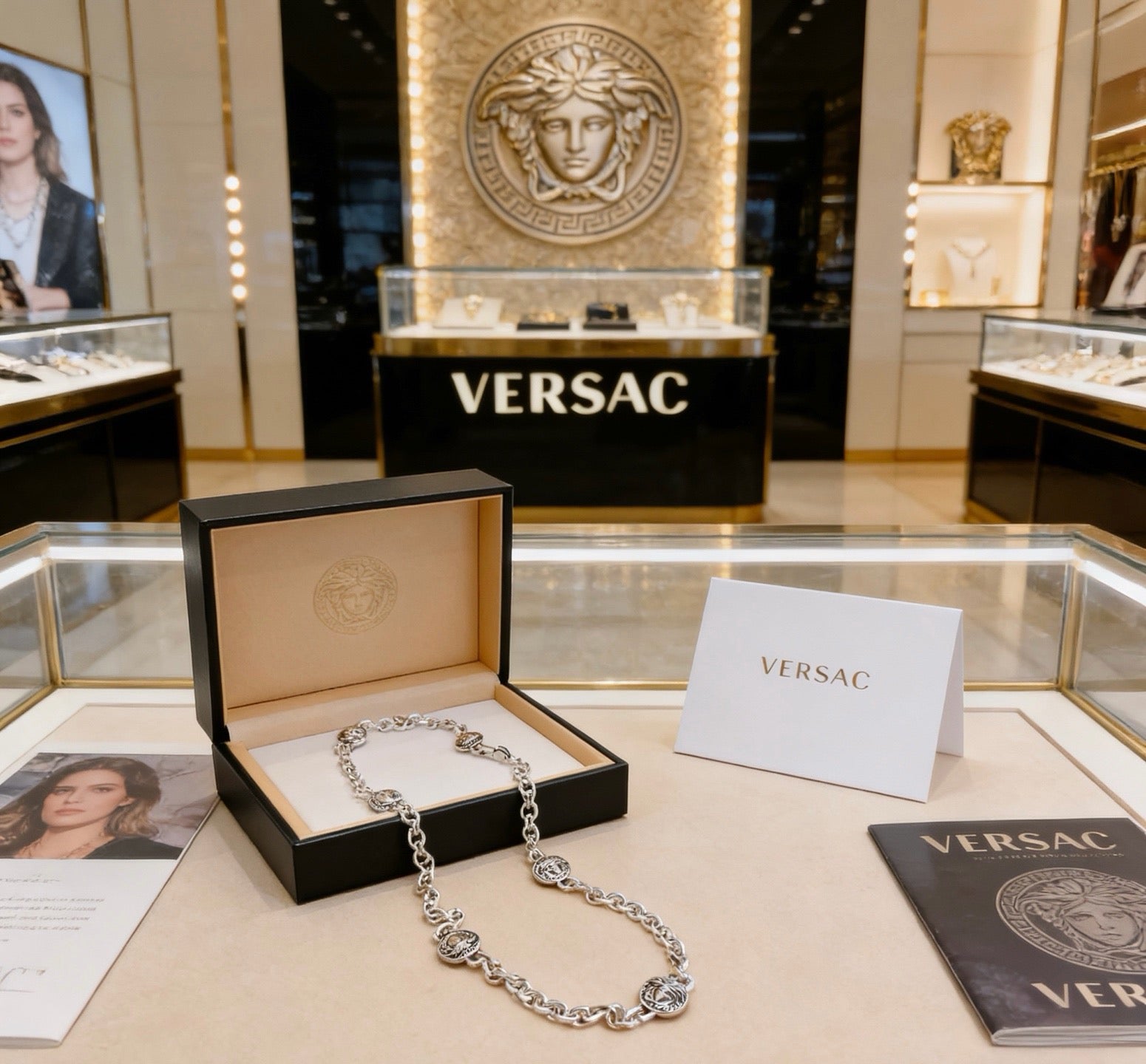 Versace Silver-Tone Antique Medusa Medallion Multi-Badge Long Link Chain Necklace