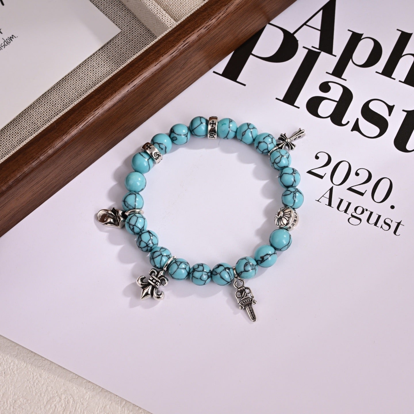Chrome Hearts Style Turquoise Bead Multi-Charm Silver Cross Fleur-de-Lis Dagger Bracelet