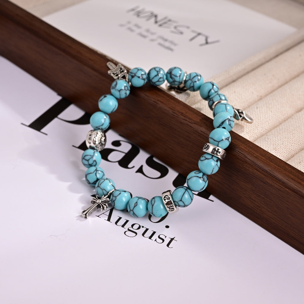 Chrome Hearts Style Turquoise Bead Multi-Charm Silver Cross Fleur-de-Lis Dagger Bracelet