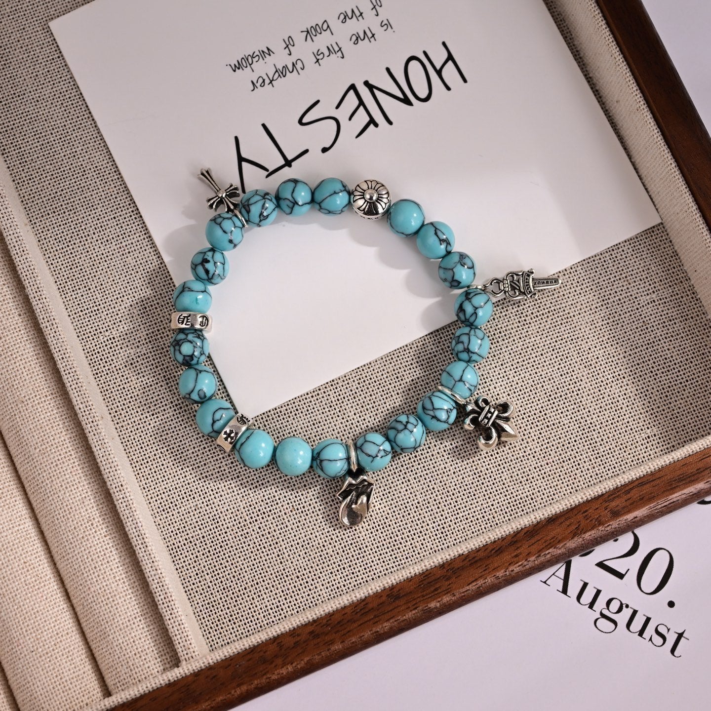 Chrome Hearts Style Turquoise Bead Multi-Charm Silver Cross Fleur-de-Lis Dagger Bracelet