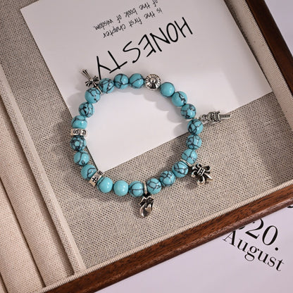 Chrome Hearts Style Turquoise Bead Multi-Charm Silver Cross Fleur-de-Lis Dagger Bracelet