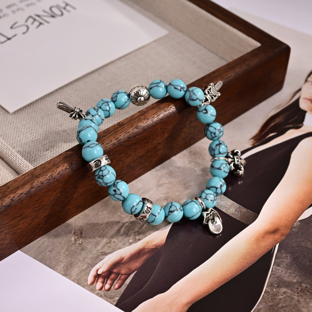 Chrome Hearts Style Turquoise Bead Multi-Charm Silver Cross Fleur-de-Lis Dagger Bracelet