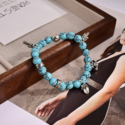 Chrome Hearts Style Turquoise Bead Multi-Charm Silver Cross Fleur-de-Lis Dagger Bracelet