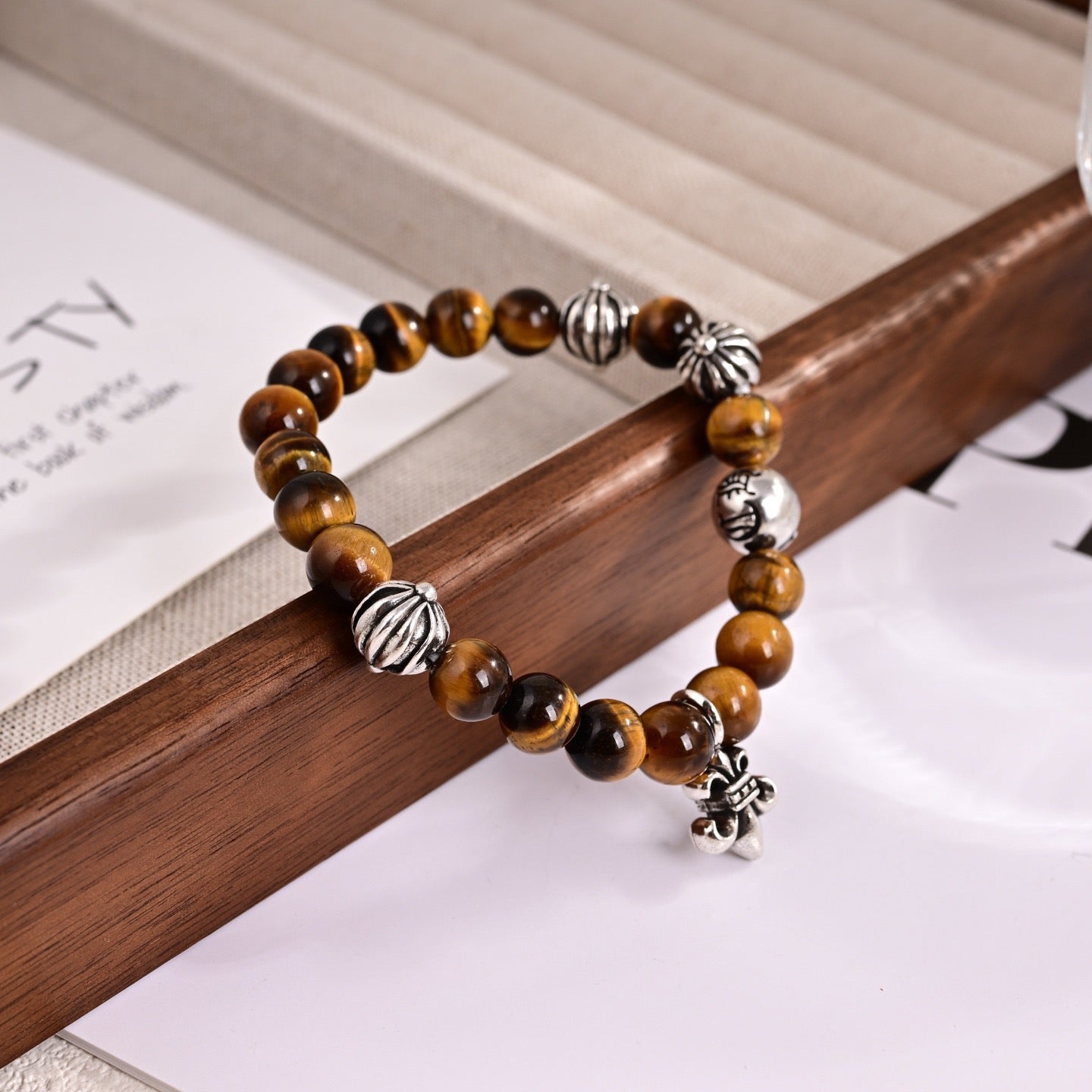 Chrome Hearts Style Natural Tiger's Eye Bead Fleur-de-Lis Charm Silver Bracelet