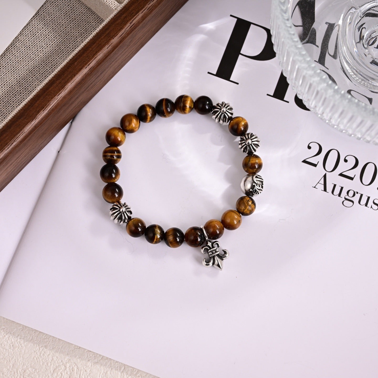 Chrome Hearts Style Natural Tiger's Eye Bead Fleur-de-Lis Charm Silver Bracelet