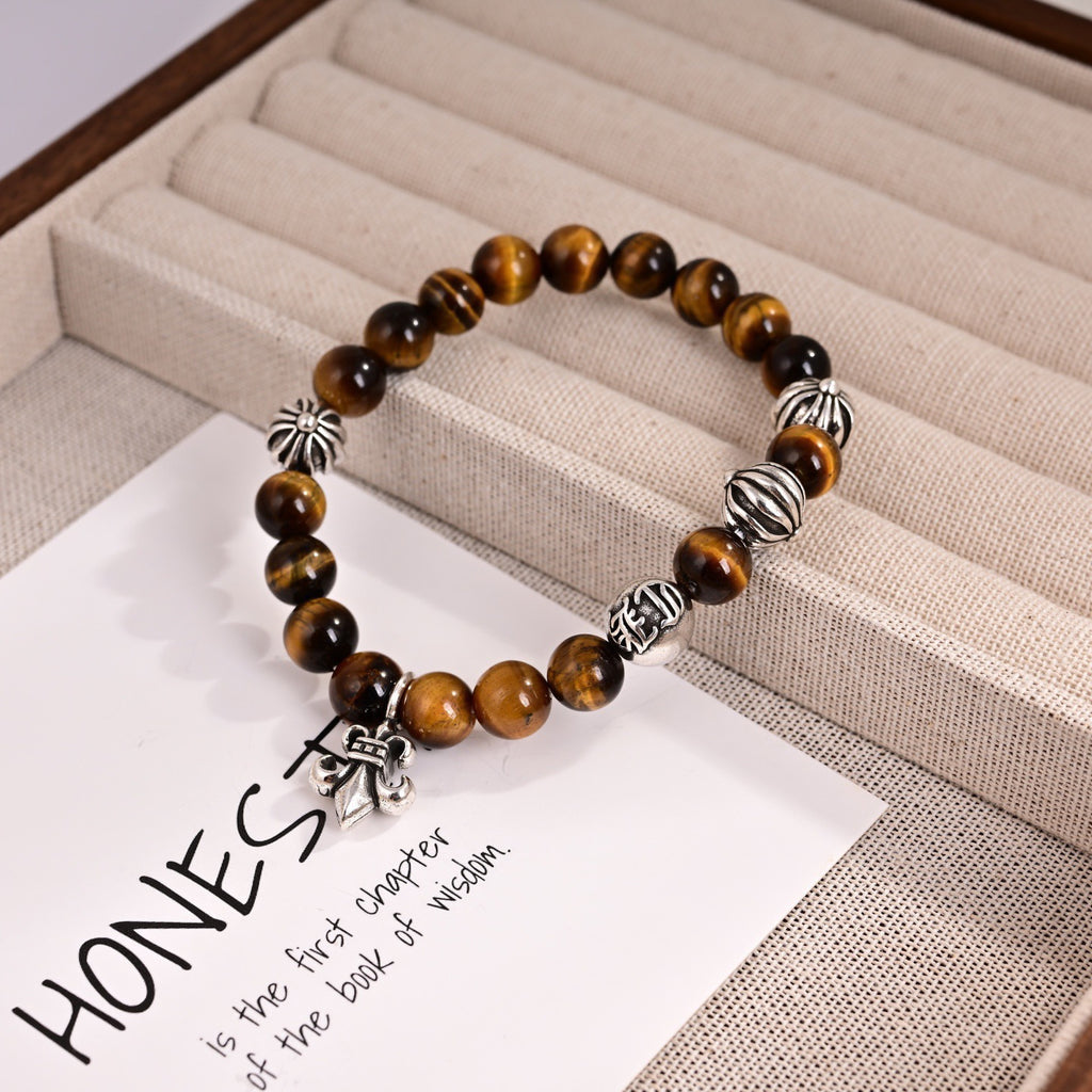 Chrome Hearts Style Natural Tiger's Eye Bead Fleur-de-Lis Charm Silver Bracelet