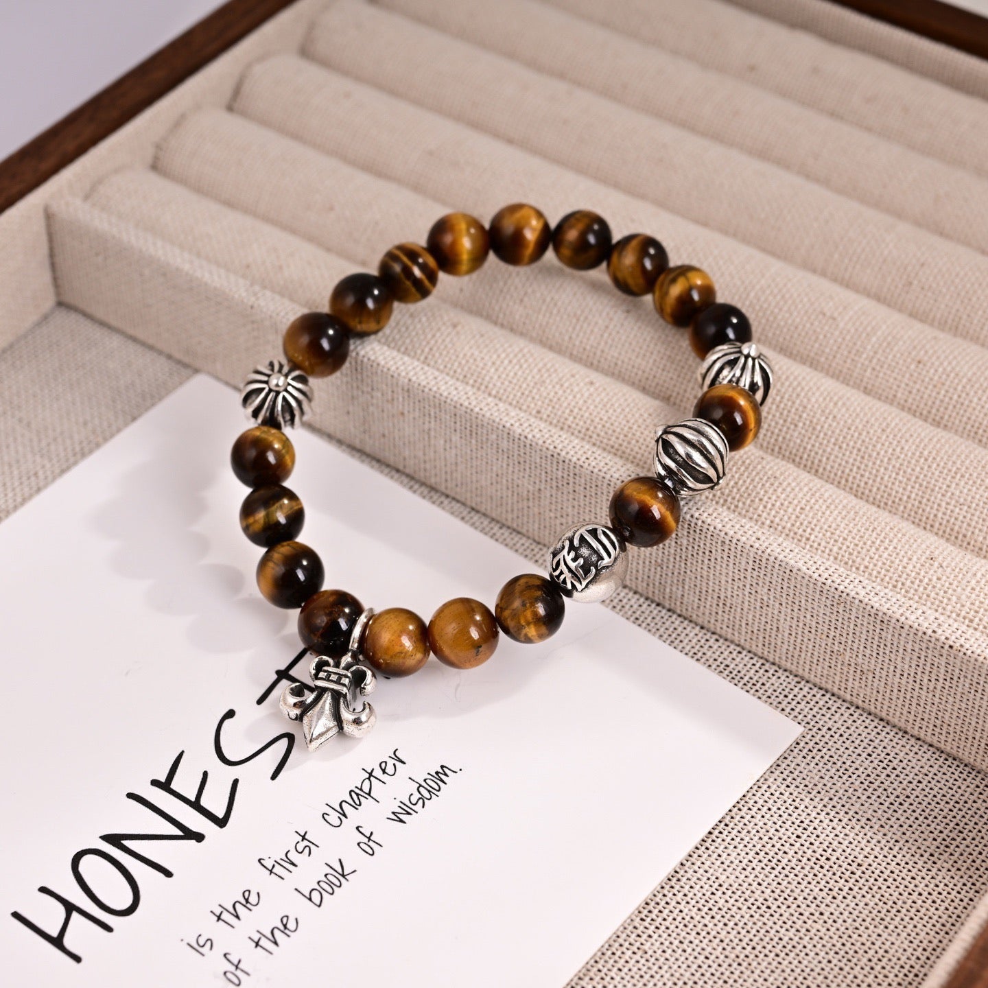 Chrome Hearts Style Natural Tiger's Eye Bead Fleur-de-Lis Charm Silver Bracelet