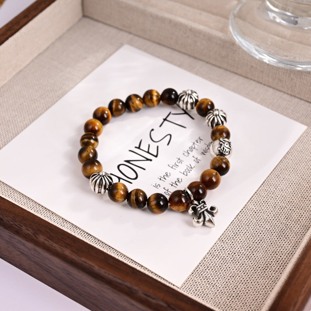 Chrome Hearts Style Natural Tiger's Eye Bead Fleur-de-Lis Charm Silver Bracelet