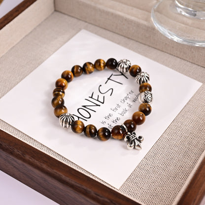 Chrome Hearts Style Natural Tiger's Eye Bead Fleur-de-Lis Charm Silver Bracelet