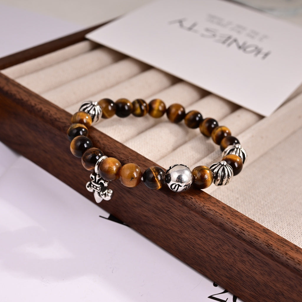 Chrome Hearts Style Natural Tiger's Eye Bead Fleur-de-Lis Charm Silver Bracelet