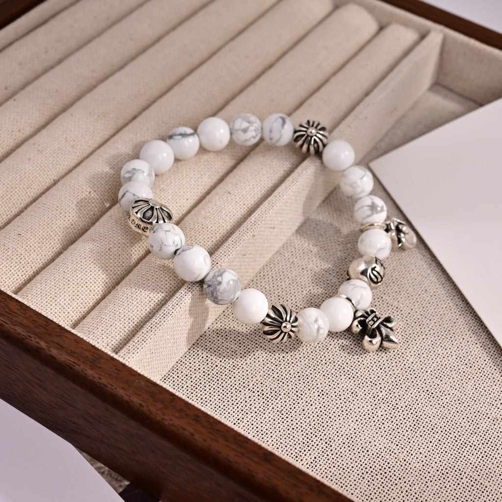 Chrome Hearts Style Natural White Howlite Bead Fleur-de-Lis Charm Silver Bracelet