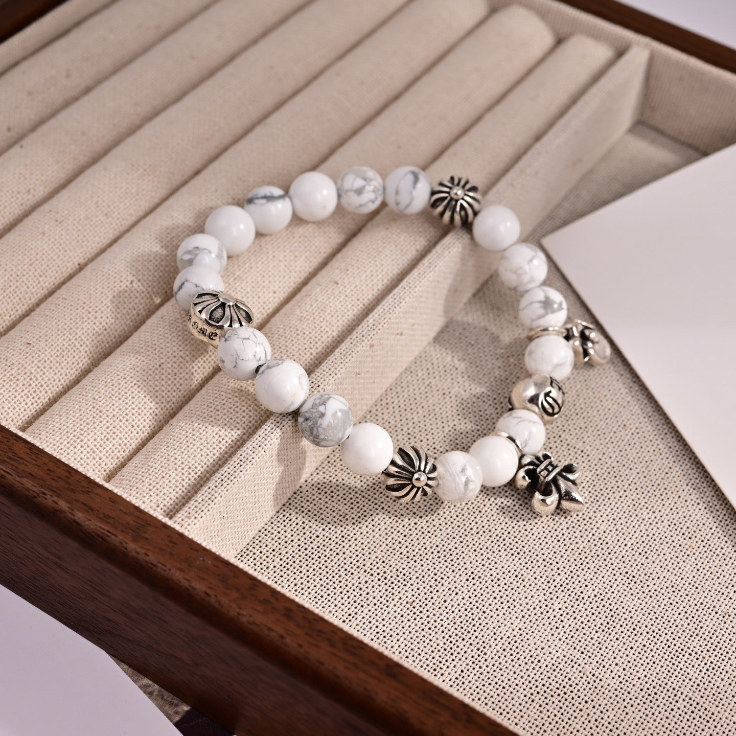 Chrome Hearts Style Natural White Howlite Bead Fleur-de-Lis Charm Silver Bracelet
