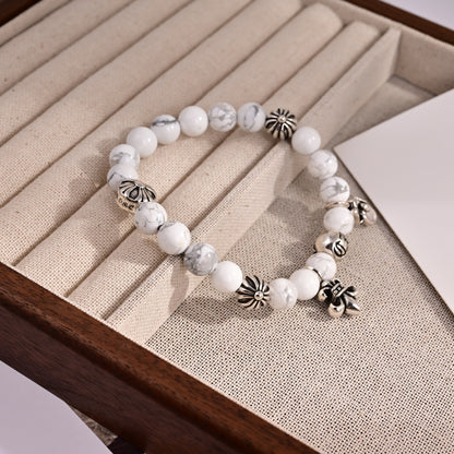 Chrome Hearts Style Natural White Howlite Bead Fleur-de-Lis Charm Silver Bracelet