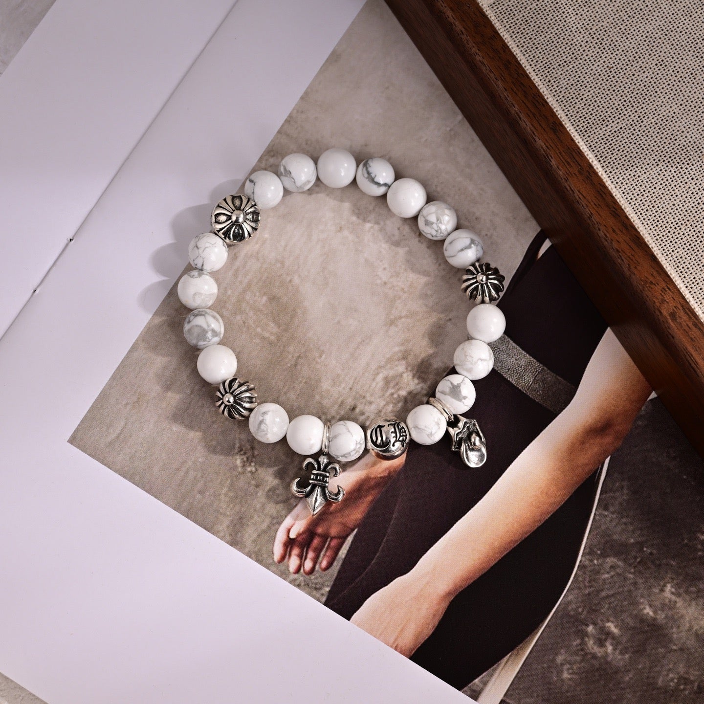 Chrome Hearts Style Natural White Howlite Bead Fleur-de-Lis Charm Silver Bracelet