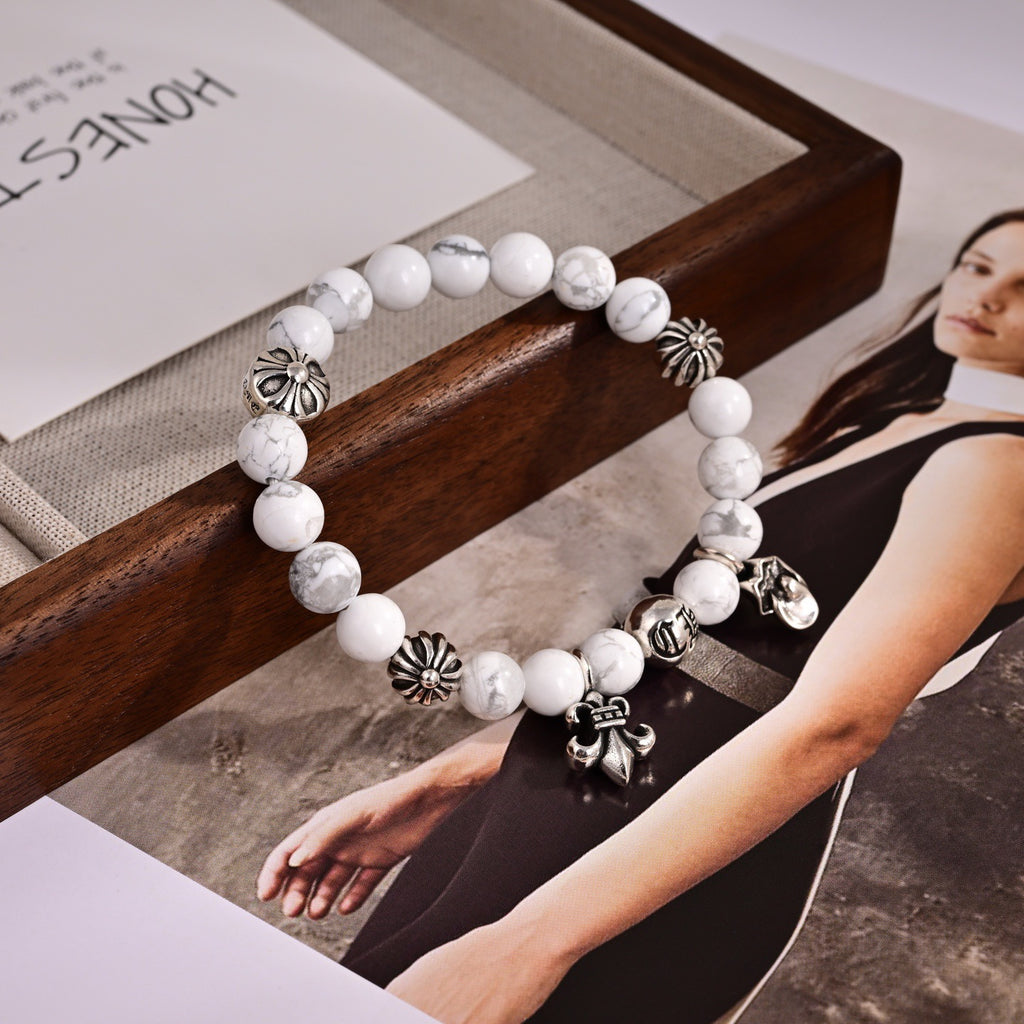 Chrome Hearts Style Natural White Howlite Bead Fleur-de-Lis Charm Silver Bracelet