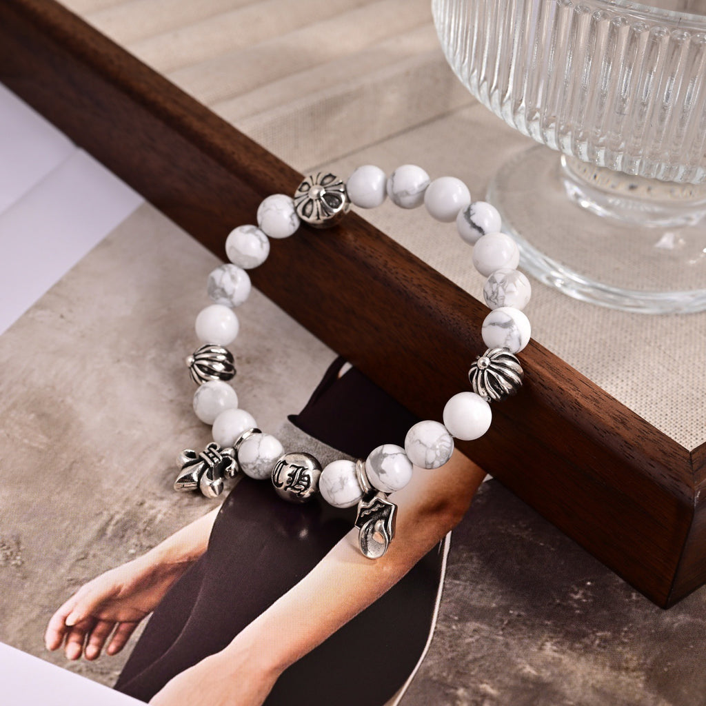 Chrome Hearts Style Natural White Howlite Bead Fleur-de-Lis Charm Silver Bracelet