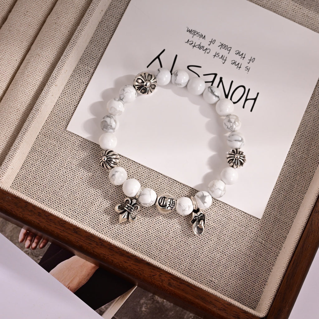 Chrome Hearts Style Natural White Howlite Bead Fleur-de-Lis Charm Silver Bracelet