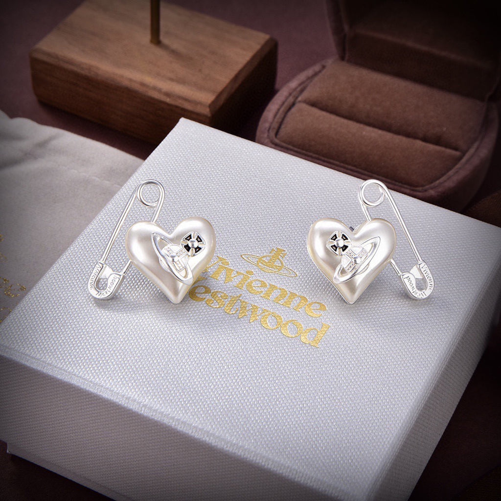 Vivienne Westwood Style Silver-Tone Punk Safety Pin Pearl Heart Orb Stud Earrings