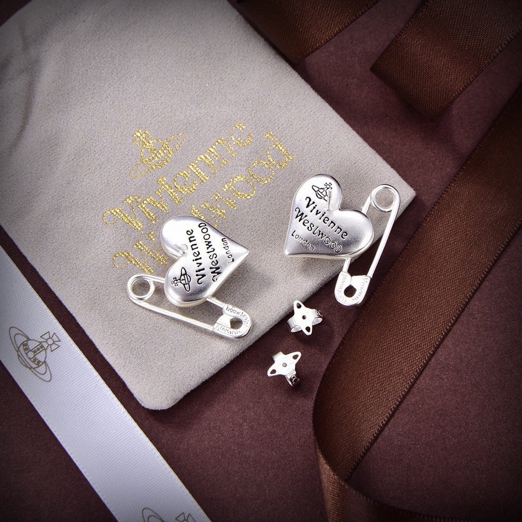 Vivienne Westwood Style Silver-Tone Punk Safety Pin Pearl Heart Orb Stud Earrings