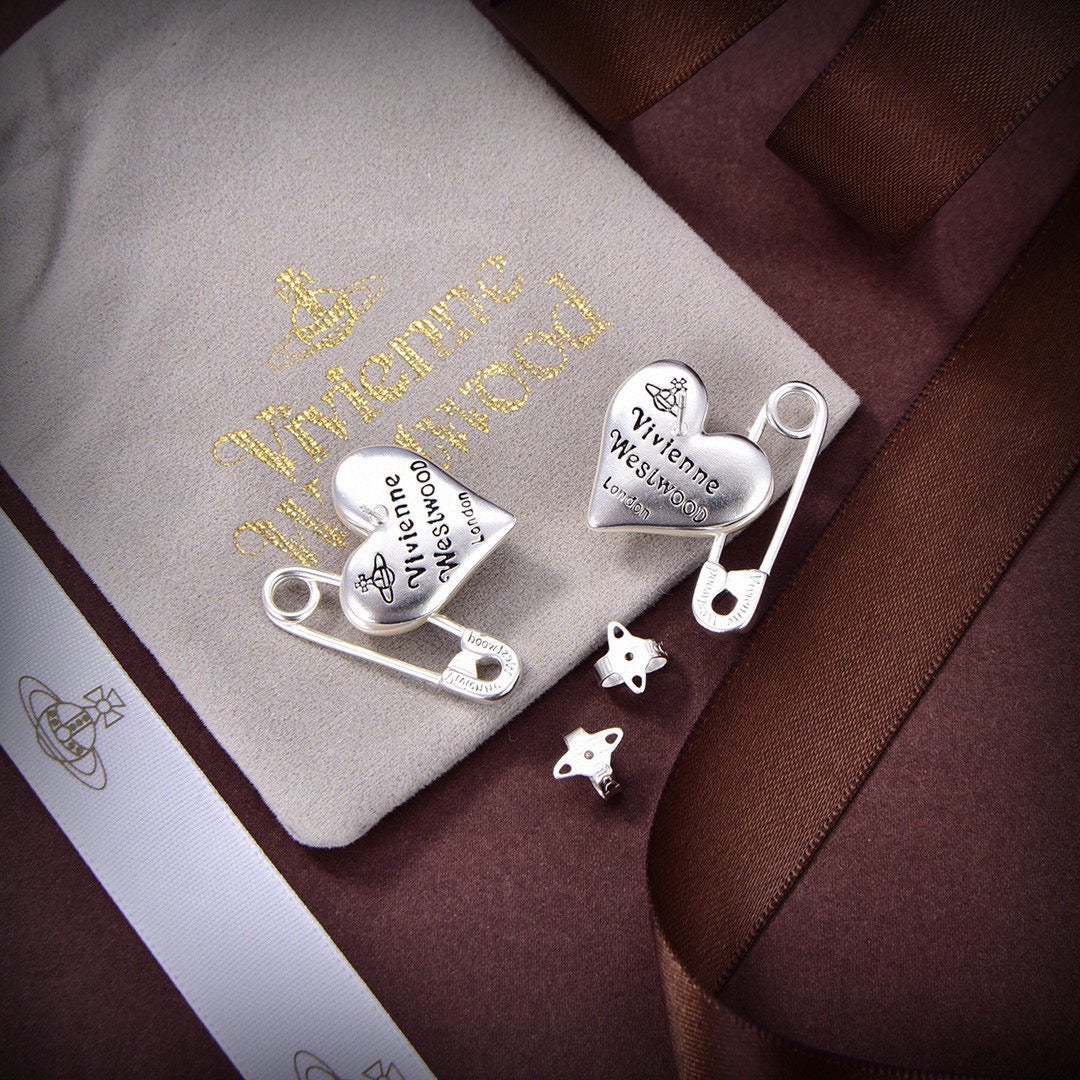 Vivienne Westwood Style Silver-Tone Punk Safety Pin Pearl Heart Orb Stud Earrings
