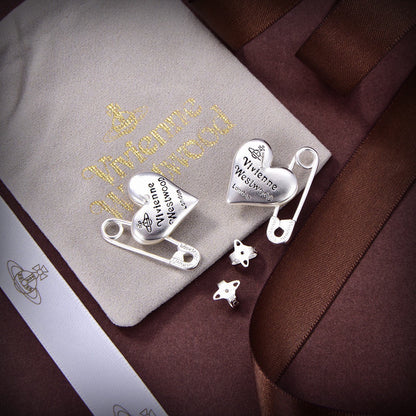 Vivienne Westwood Style Silver-Tone Punk Safety Pin Pearl Heart Orb Stud Earrings