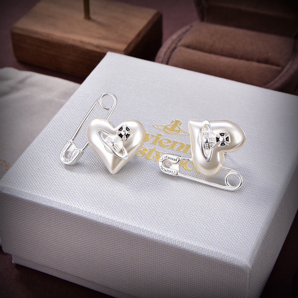 Vivienne Westwood Style Silver-Tone Punk Safety Pin Pearl Heart Orb Stud Earrings