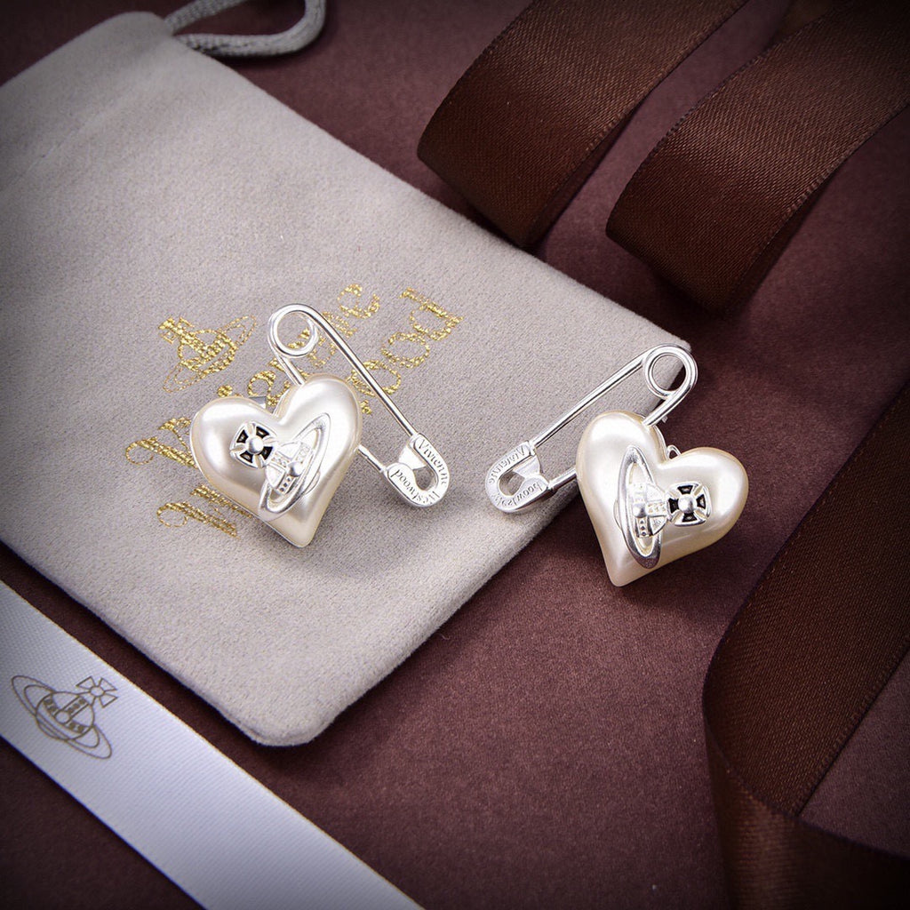 Vivienne Westwood Style Silver-Tone Punk Safety Pin Pearl Heart Orb Stud Earrings